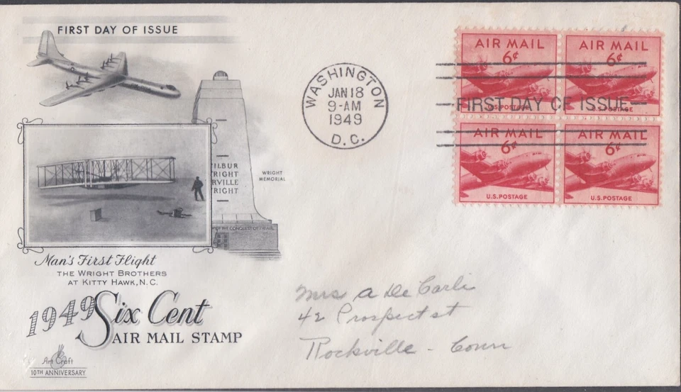 USA 1949 FIRST DAY COVER 6c RED AIR MAIL IN BLOCK OF 4 + CACHET - Image 1 of 1