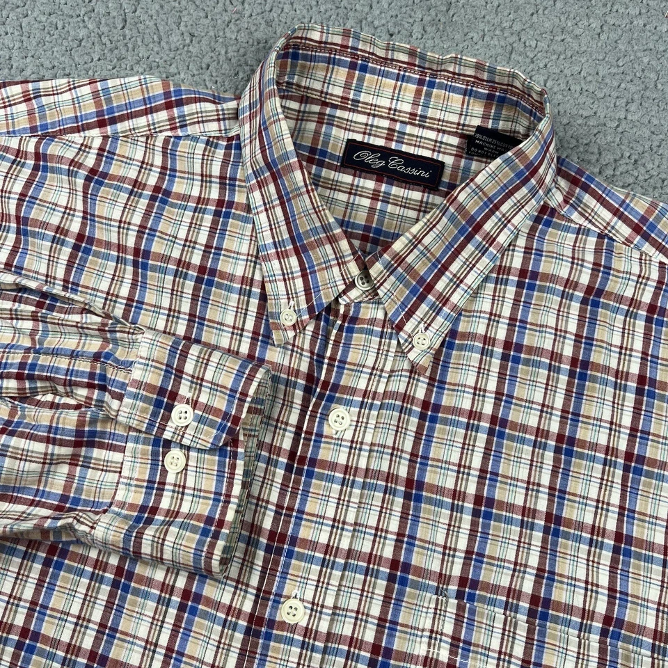 Oleg Cassini Shirt Mens 2XL Red Blue Plaid Silk Blend Casual Button Down - Image 1 of 4