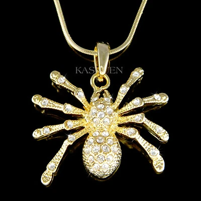 Halloween Black Widow Ragno Tarantola IN Swarovski Cristallo Oro Collana - Immagine 1 di 2