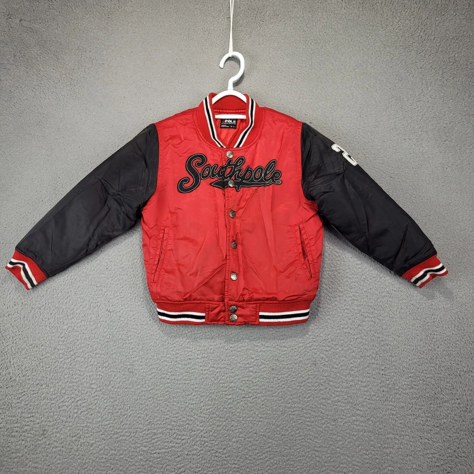 Southpole 男孩夹克小号红色黑色校服风格纽扣外套 — 第 1/4 张图片