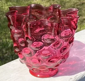 Vintage Cranberry Glass Lamp Shade Thumbprint Pattern Ruffled 5 Inches Pink - Picture 1 of 20