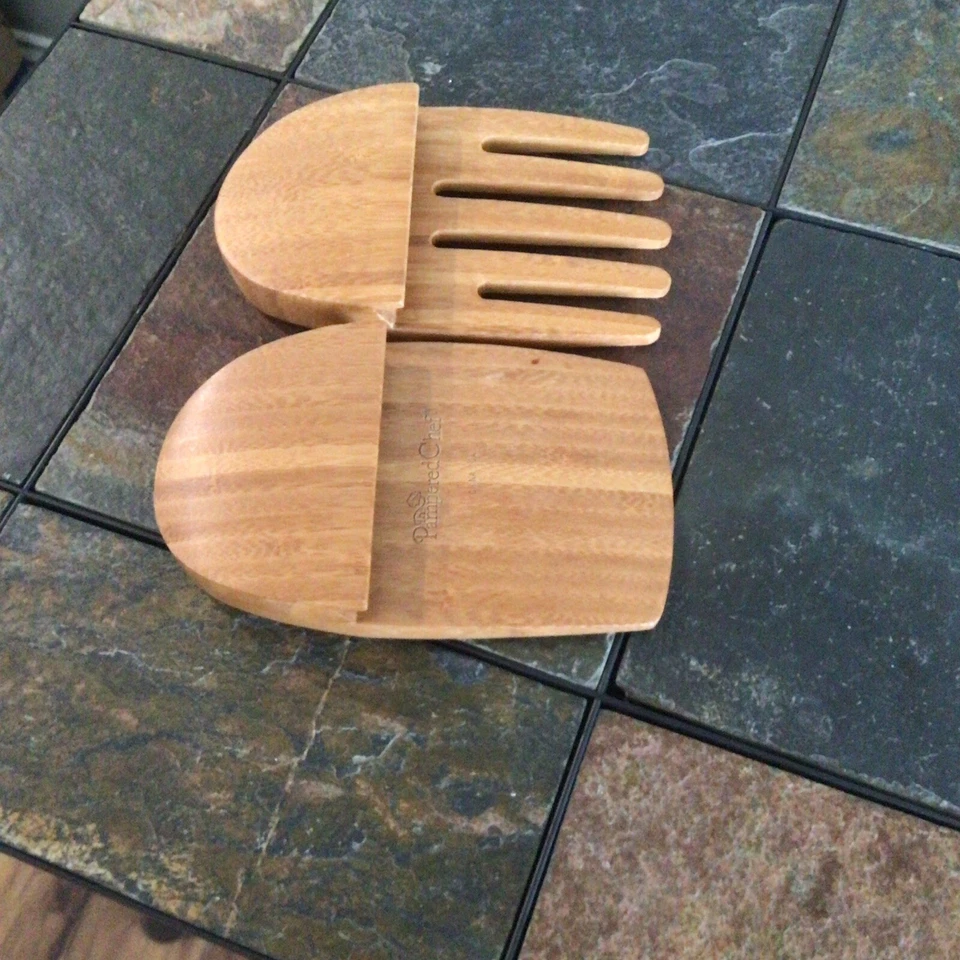 PAMPERED CHEF Wooden Bamboo Kitchen Salad Tongs Tosser Set - Image 1 of 1