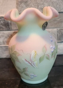 Fenton Burmese Art Glass Vase with Butterfly 95th Anniversary Signed No 1692 VTG - Picture 1 of 12