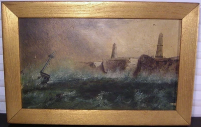 Antique Oil Board Painting Seascape Lighthouse Shipwreck Cape Ann Massachusetts? - Image 1 of 4