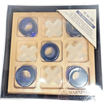The Classic Collection Tic Tac Toe Wood Board Glass Cobalt Blue O's Frosted X's - Image 1 of 4