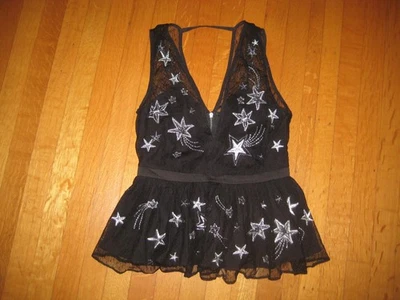NUEVO Camiseta sin mangas Express cuello en V malla bordada negra plateada estrellas talla 0 fiesta navideña Foto 1 de 4