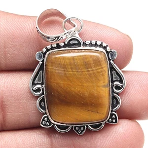 Pendant Tiger's Eye Gemstone Handicraft Valentine'Day Gift Silver Jewelry 2" - Picture 1 of 7