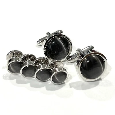 Conjunto de gemelos y tachuelas de piedra de fibra óptica con cúpula gris para hombre regalo de boda Foto 1 de 4