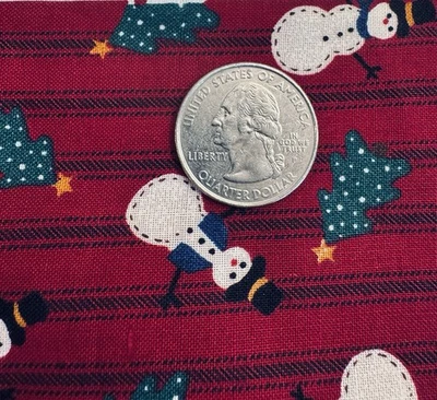 Винтажный 1 1/4 ярда VIP CRANSTON хлопчатобумажной ткани снеговик рождественские елки на красный тикающий - Изображение 1 из 2