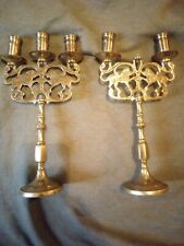 Vintage 2 Brass Candelabra-Lion Of Judah Engraved 11.5"3pc. Candle Holders-Deal!
