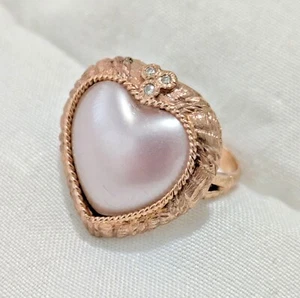 Vintage Heart Shaped Mabe Pearl 14k Pink Gold Ring With Diamonds - Picture 1 of 10