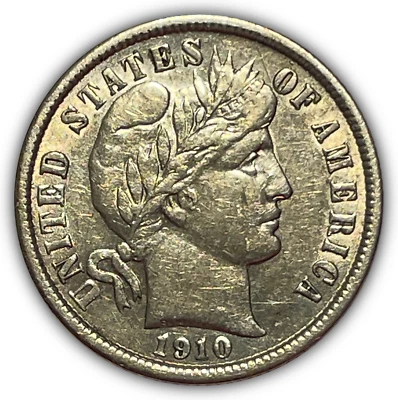 1910 Barber Silver Dime Almost Uncirculated AU Coin, Scratched #22669 - Image 1 of 3