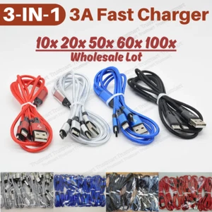 Wholesale 3 in 1 Fast USB Charge Cable Universal Multi-Function Charger Cord LOT - Picture 1 of 14