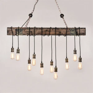 Retro Multi Heads Pendant Light Simple Hanging Ceiling Light with Wooden Bar - Picture 1 of 11