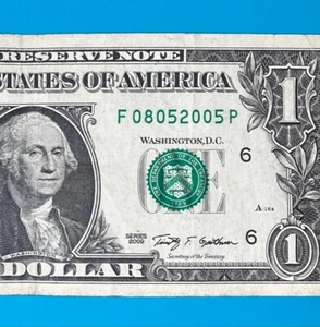 August 5, 2005 / 8 May 2005 (F 08052005 P) BIRTHDAY Note $1 One Dollar Bill - Picture 1 of 3