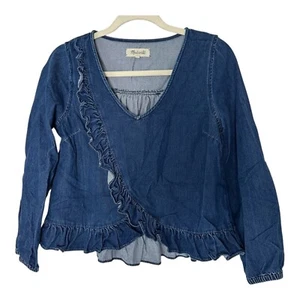 Madewell Womens Blue Denim Ruffle Detail Cotton Blouse Top Cropped Size S - Picture 1 of 8