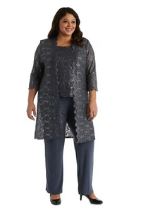 R&M Richards Plus Size Women's 3 Piece Scalloped Sequin Lace Pantsuit - Picture 1 of 74