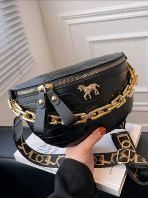 Black Croc-Embossed Belt Bag with Gold Chain Horse Accent waist chest Purse - Image 1 of 4