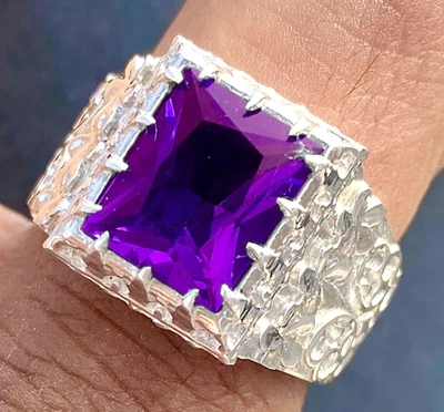 Мужское помолвочное кольцо с натуральным аметистом и драгоценным камнем из стерлингового серебра 925 пробы - Изображение 1 из 4