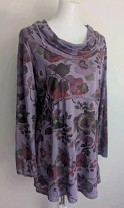 Color Me Cotton Knit CMC Cowl Neck Tunic Top Purple Plum Floral Size Medium EUC - Picture 1 of 12