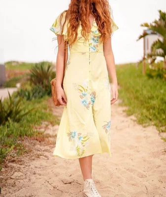 Urban Outfitters Size Medium Heartmelter Floral Midi Party Dress - Yellow Button - Image 1 of 4