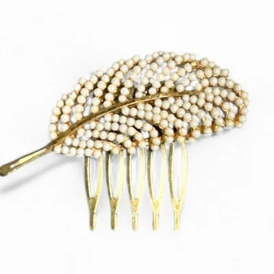 Vintage Gold Leaf Hair Comb Beaded Ivory Bridal Accessory Clip Formal Wedding - Image 1 of 3