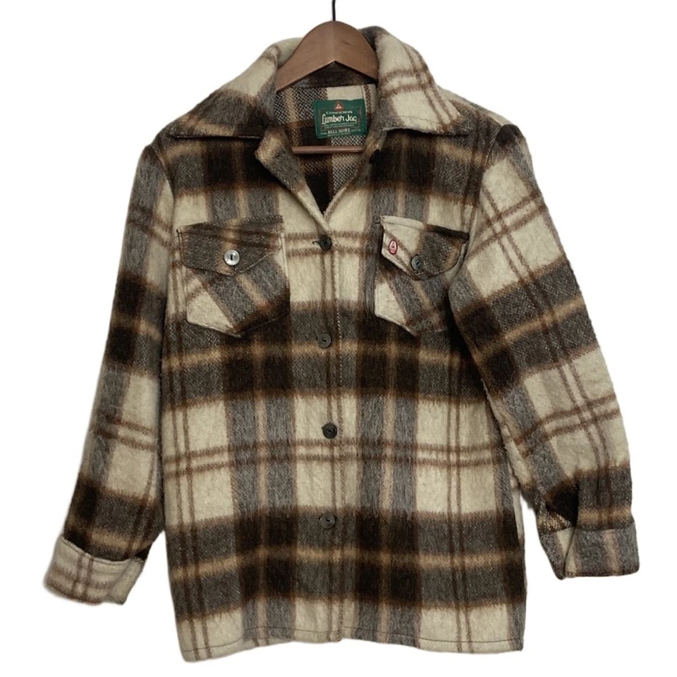 Vintage Bell Shirt Mens Small Medium Brown Tan Cream Wool Lumber Jack Canada - Изображение 1 из 4