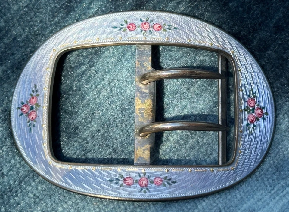 HERMOSA hebilla de cinturón esmaltada guilloche de plata 925 vintage, rosas pintadas a mano. Foto 1 de 4