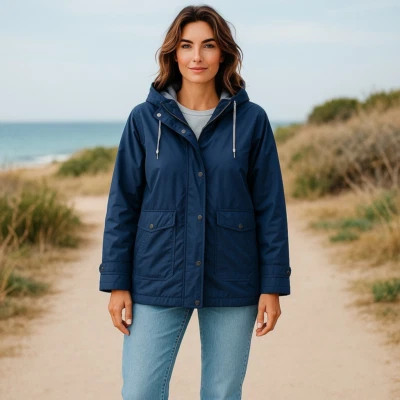 Navy Blue Raincoat with Hood & Pockets Womens Jacket Rain Coat Medium - Image 1 of 4