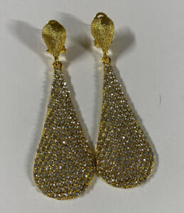 Women Bright Gold Crystal Rhinestone Drop Teardrop Dangle Earrings 3”