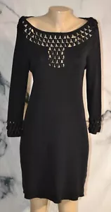 MILLY Black Silk Cotton Cashmere Knit Dress Medium Open Weave Cuffs Neckline - Picture 1 of 8