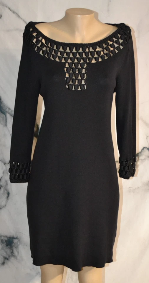 Vestido MILLY Negro Seda Algodón Cachemira Tejido Medio Abierto Puños Escote Foto 1 de 4