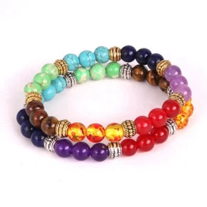 BRACELET NATURAL REIKI HEALING Fashion 7 CHAKRA BEADED GEM STONE BALANCING - Picture 1 of 11