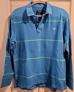 Polo American Eagle Outfitters The Eagle manga larga L azul brillante verde rayas - Imagen 1 de 8
