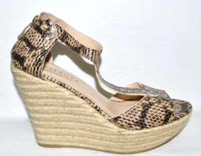 TALBOTS SZ 7 BROWN BEIGE SNAKE PRINT LEATHER ESPADRILLE PLATFORM WEDGES SANDALS - Image 1 of 4