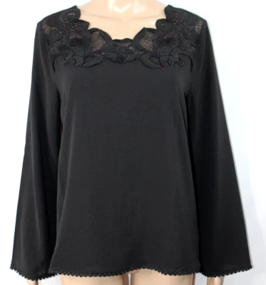 Blusa Sunny Leigh preta gola de renda transparente manga comprida nova com etiquetas M - Imagem 1 de 4
