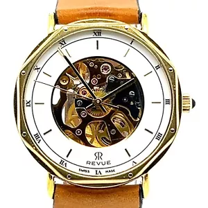 Revue Swiss Open Face Goldpl. skelettiertes MSR Kaliber T44 mit Lederband - Imagen 1 de 7
