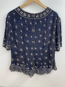 Blusa Adrianna Papell Boutique Noche De Colección Con Cuentas Flor Seda Talla 16 XL Azul - Imagen 1 de 20