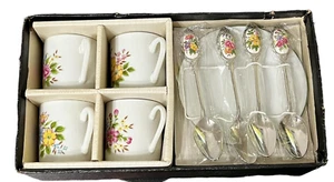 Set/4 Demitasse Cup Saucer Spoon Set Floral Design Ceramic Stainless Steel Japan - Picture 1 of 18