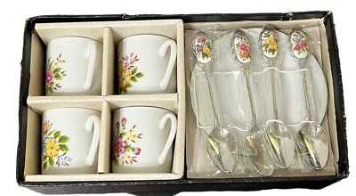 Juego/4 Cuchara Platillo Taza Demitasse Juego Diseño Floral Cerámica Acero Inoxidable Japón Foto 1 de 4