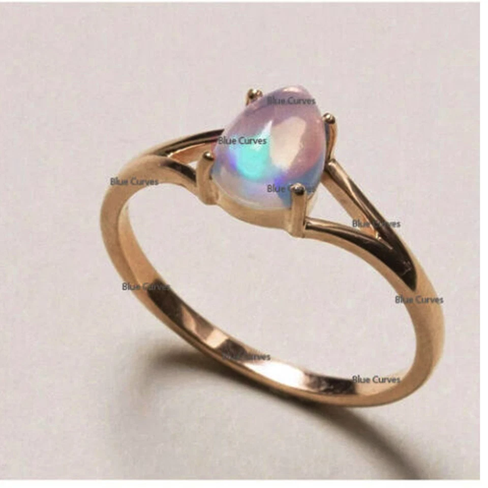 Solid 14k Yellow Gold Natural Pear Rainbow Moonstone Solitaire Engagement Ring - Image 1 of 3