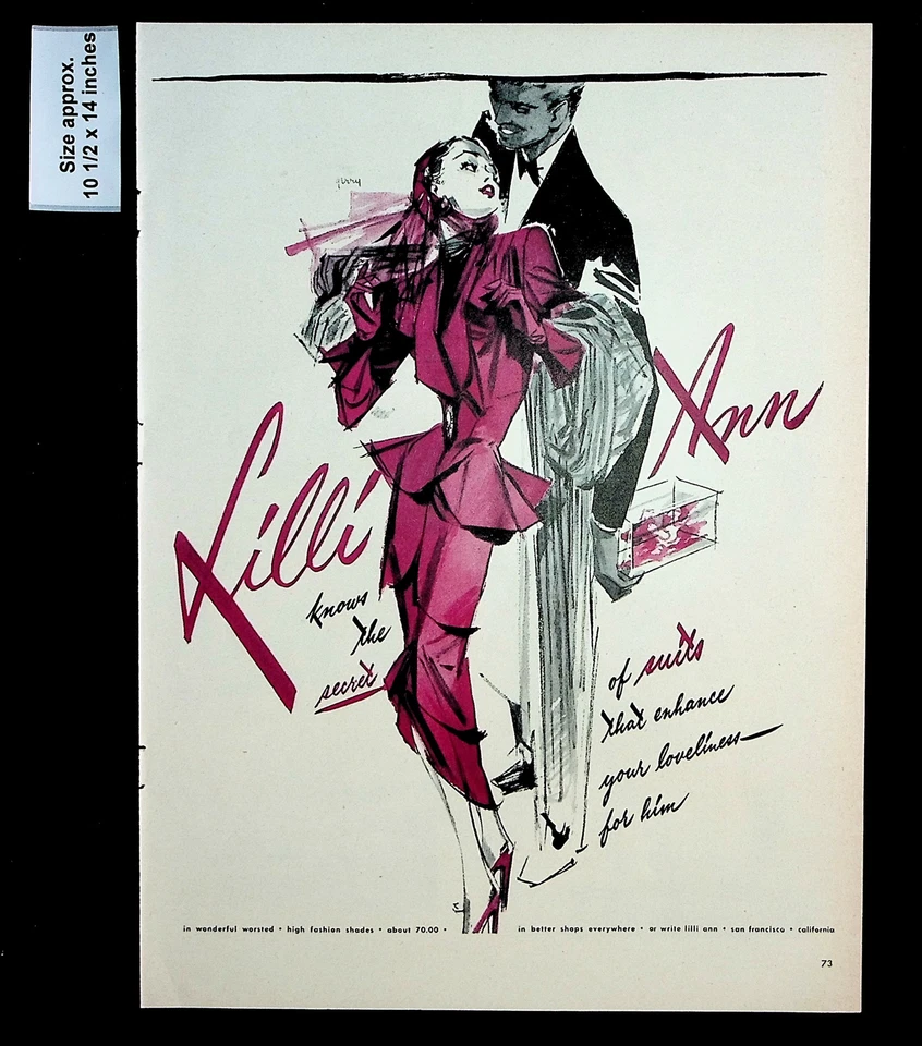 1947 Lilli Ann Trajes Mujer Moda Ropa Púrpura Vintage Estampado Anuncio 31248 Foto 1 de 1