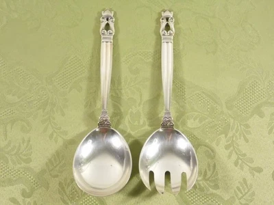 ACORN (1915) GEORG JENSEN 制作 ~ 8.0 英寸沙拉服务套装 ~ N/M — 第 1/4 张图片