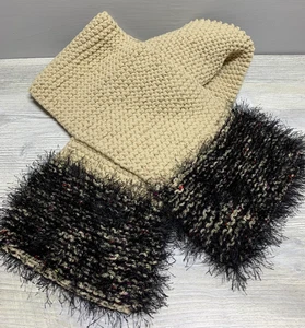 Chunky Knit Scarf Womens One Size Cream Beige Eyelash Fringe Fuzzy Ends Winter - Picture 1 of 5