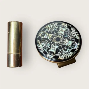 Soporte para lápiz labial y espejo vintage con estuche metal tono negro y dorado - Imagen 1 de 5