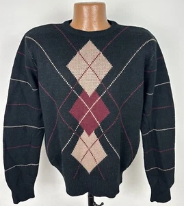 Suéter Argyle Vintage Años 80 90 Mediano Negro Acrílico Tejido Cuello Redondo Golf Abuelo - Imagen 1 de 13
