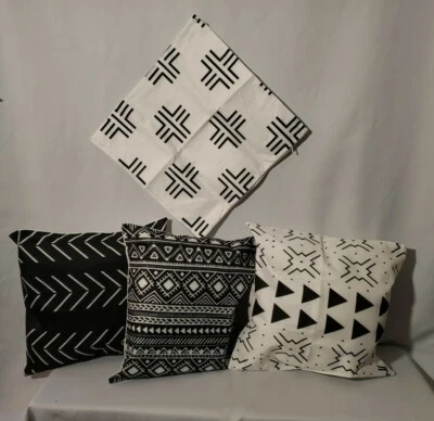 4 Decorative Throw Pillow Covers Black & White Geometric Design 17x17 Square New - Image 1 of 4