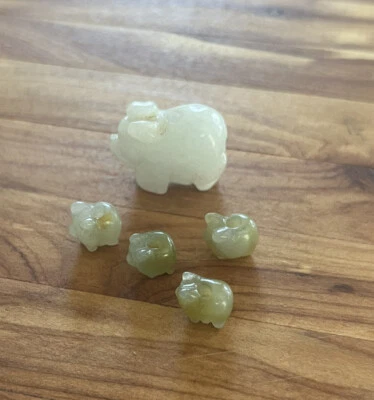 Vintage JADE CARVED RAM Pig Mom And Babies  Bead Lot JADEITE - Image 1 of 4