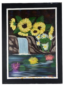 Lona de pintura al óleo de 24" linda rana verde cascada margaritas flores nenúfares - Imagen 1 de 6