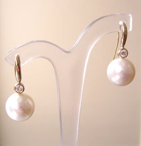 18kt GOLD EARRINGS WITH 14.5mm PEARLS!! AUSTRALIAN WHITE + DIAMONDS + CERTIFIED - Picture 1 of 1